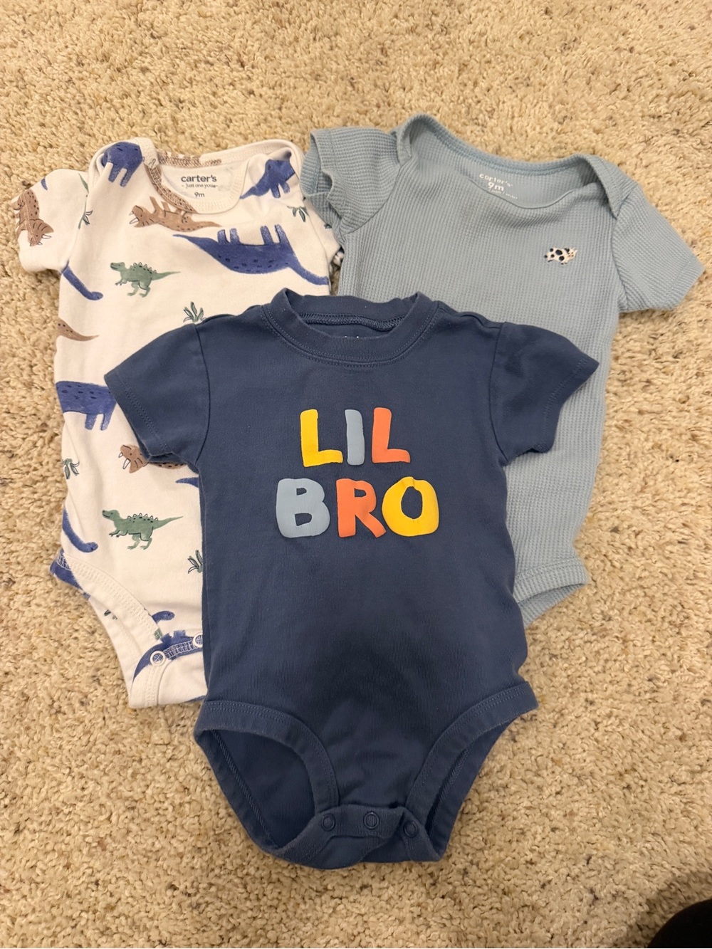 Carter's Navy Baby One-Piece Bodysuit 'LIL BRO' Letters, Dinosaur, Cow Lot 3